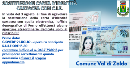 Apertura straordinaria Ufficio Demografico sede di Forno per rilascio CIE - 9 LUGLIO