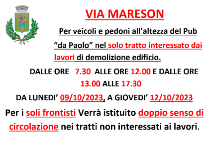 Doppio senso di marcia temporaneo in Via Mareson 