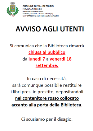 Avviso chiusura Biblioteca settembre 2026